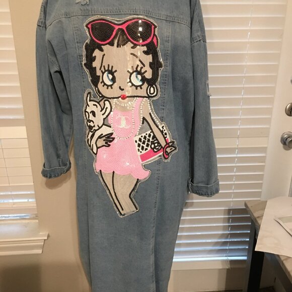 I AM BETTY BOOP Handmade Long Distressed Denim Jacket Showstopper Large Jac1 - Picture 10 of 15